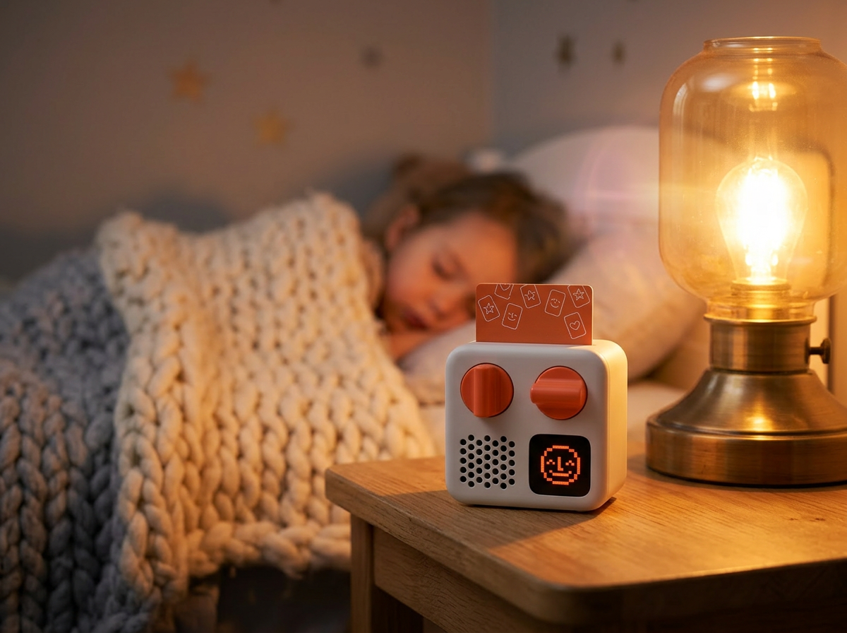 Yoto Mini glowing on a child&lsquo;s nightstand at bedtime